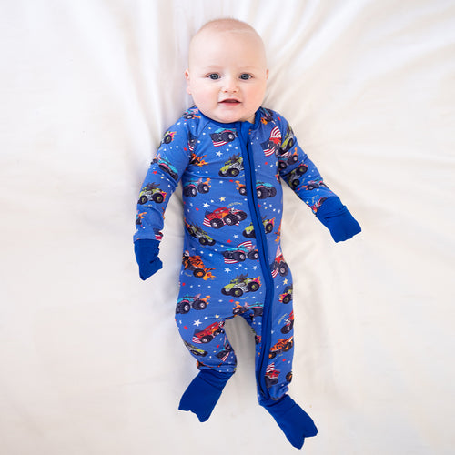 4th of July × Monster Truck Blue Baby Bamboo Zipper Romper Pajamas