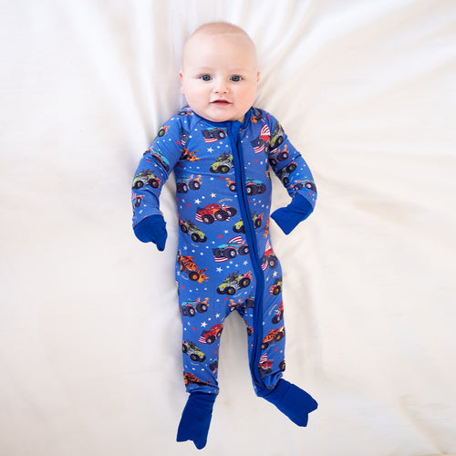 4th of July × Monster Truck Blue Baby Bamboo Zipper Romper Pajamas