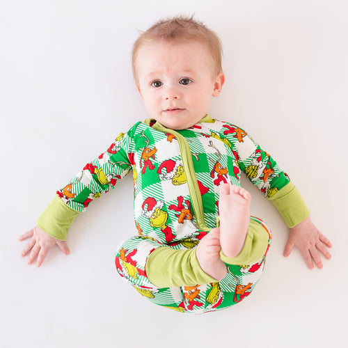 Christmas Plaid Green Guy Bamboo Red Zipper Romper