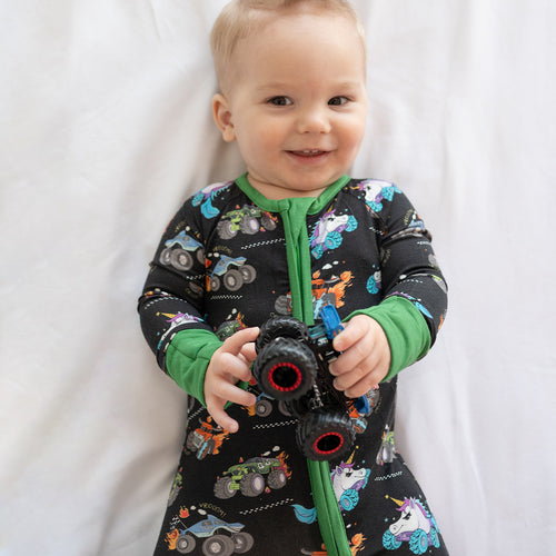 Monster Truck Baby Bamboo Zipper Romper Pajamas