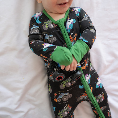 Monster Truck Baby Bamboo Zipper Romper Pajamas
