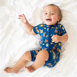 Curious Monkey Blue Baby Bamboo Short Zipper Romper Pajamas