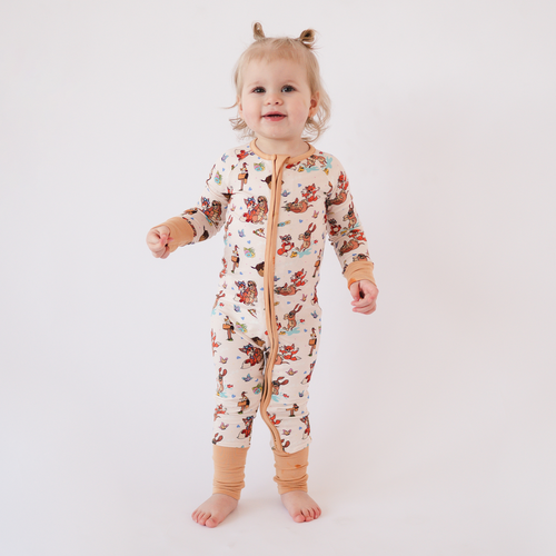 FancyPrince Fox Hound Playing Khaki Baby Bamboo Zipper Romper Pajamas