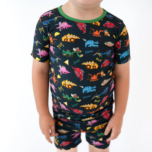 Dinosaur Digger Green Kids Bamboo Short Two-Piece Pajama Set