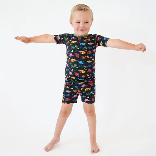 Dinosaur Digger Green Kids Bamboo Short Two-Piece Pajama Set