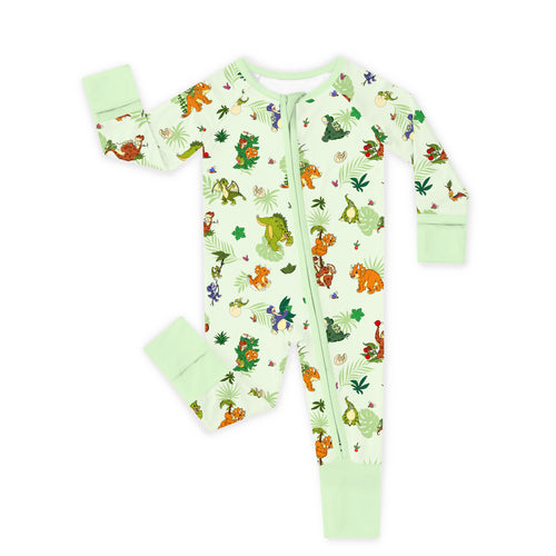 Prehistoric Dino Pals Jungle Playtime Sage Green Bamboo Zipper Romper Pajamas