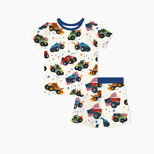 4th of July × Monster Truck Kids Bamboo Short Two-Piece Pajama Set