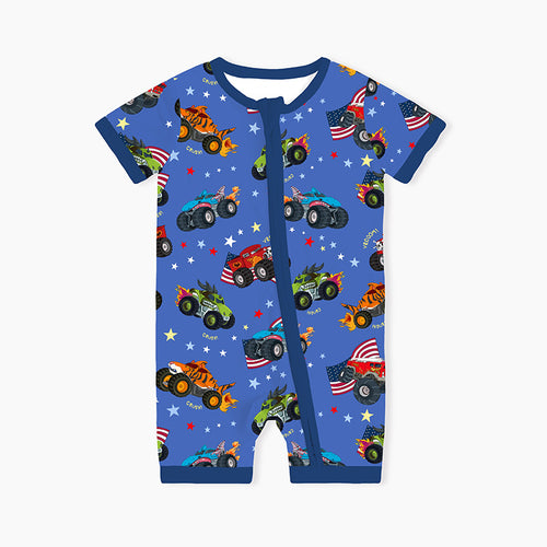 4th of July × Monster Truck Blue Baby Bamboo Short Zipper Romper Pajamas