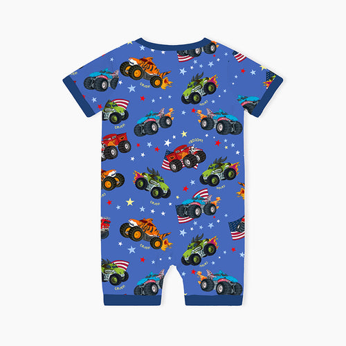 4th of July × Monster Truck Blue Baby Bamboo Short Zipper Romper Pajamas