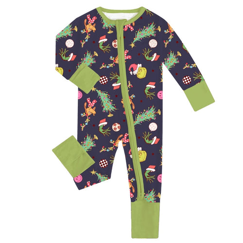Christmas Green Guy Deer Baby Bamboo Zipper Romper