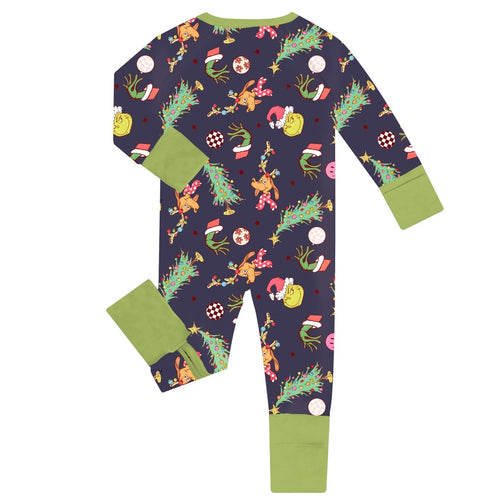 Christmas Green Guy Deer Print Bamboo Zippy Pajamas Romper