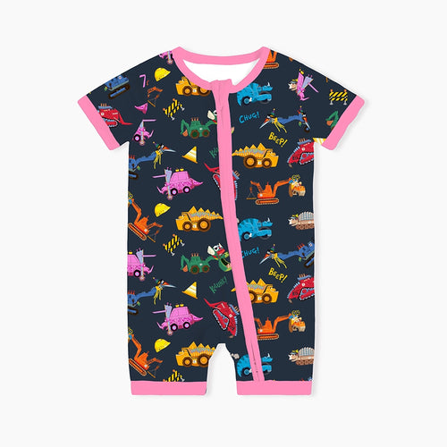 Dinosaur Digger Pink Baby Bamboo Short Zipper Romper Pajamas