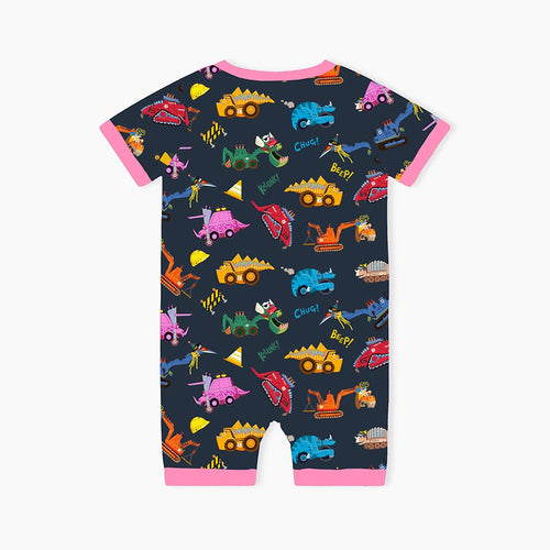 Dinosaur Digger Pink Baby Bamboo Short Zipper Romper Pajamas