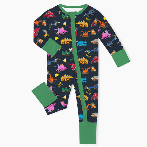 Dinosaur Digger Green Baby Bamboo Zipper Romper Pajamas