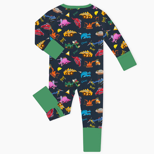 Dinosaur Digger Green Baby Bamboo Zipper Romper Pajamas