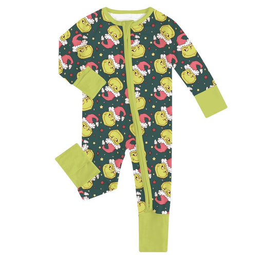 Christmas Green Guy Print Baby Bamboo Zipper Romper
