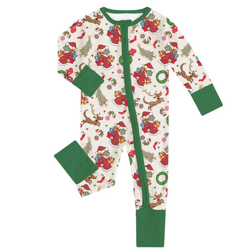 Christmas Green Guy Deer Baby Bamboo Zipper Romper