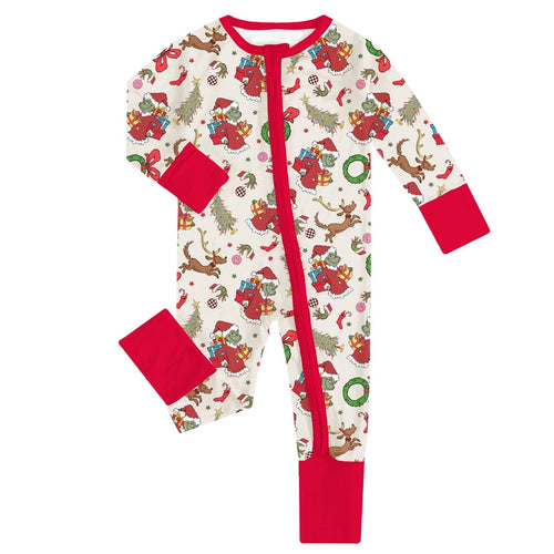 Christmas Green Guy Deer Baby Bamboo Zipper Romper