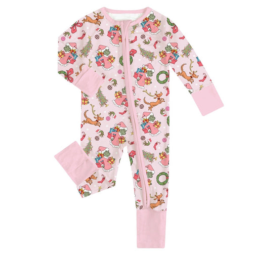 Christmas Green Guy Deer Baby Bamboo Zipper Romper