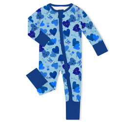 Blue Love and Heart Hugs Bamboo Zipper Romper Pajamas