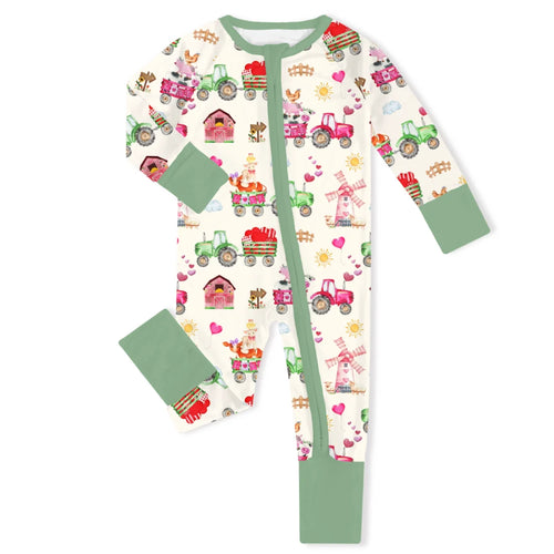 Valentine Farm Adventure Ride and Hearts Green Bamboo Zipper Romper Pajamas
