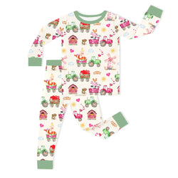 Valentine Farm Adventure Ride and Hearts Green Kids Bamboo Two-Piece Pajama Set