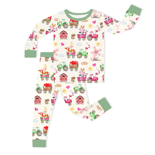 Valentine Farm Adventure Ride and Hearts Green Kids Bamboo Two-Piece Pajama Set