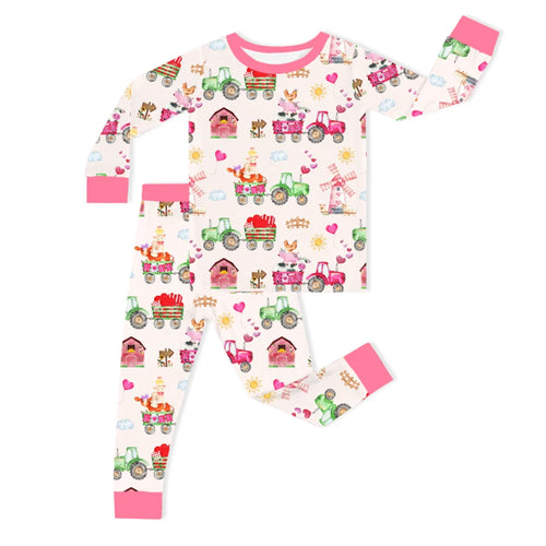 Valentine Farm Adventure Ride and Hearts Pink Kids Bamboo Two-Piece Pajama Set