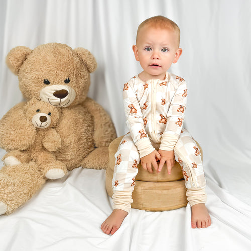 Bear & Checkerboard Pattern Bamboo Baby Sleeper