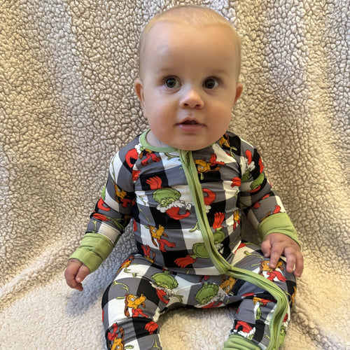 Christmas Green Guy Plaid Baby Bamboo Zipper Romper