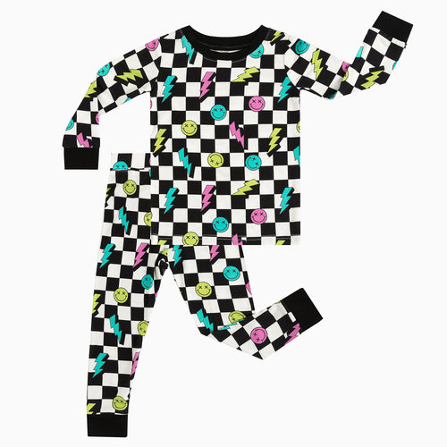 Checkered Smiley Face Pattern Long Sleeve Pajama Set