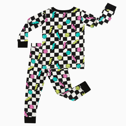 Checkered Smiley Face Pattern Long Sleeve Pajama Set