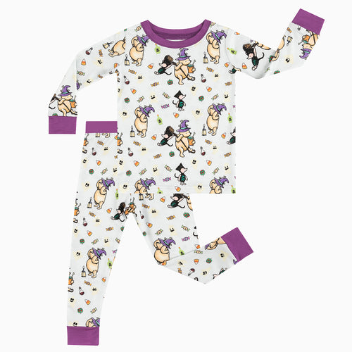 Purple Halloween Cartoon Bear Graphic Pullover Top and Pants Set