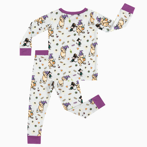 Purple Halloween Cartoon Bear Graphic Pullover Top and Pants Set