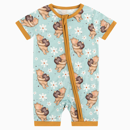 Adorable Cartoon Bear Holding Honey Pattern Bamboo Fiber Baby Onesie