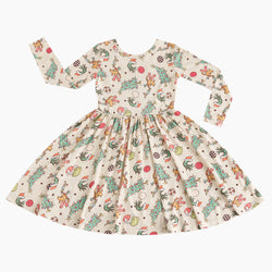 Christmas Sale Long Sleeve Twirl Dress in Christmas Green Guy Deer