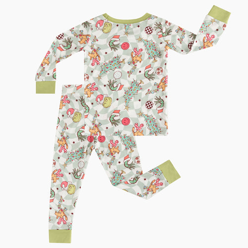 Today’s Deals Christmas Green Cartoon Figure Kids Bamboo 2 Piece Pajama Set