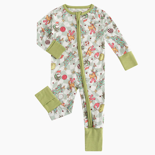 Christmas Green Guy Deer Baby Bamboo Zipper Romper
