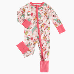 Today’s Deals Christmas Green Cartoon Figure Baby Pink Bamboo Zipper Romper