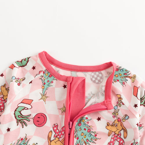 Today’s Deals Christmas Green Cartoon Figure Baby Pink Bamboo Zipper Romper