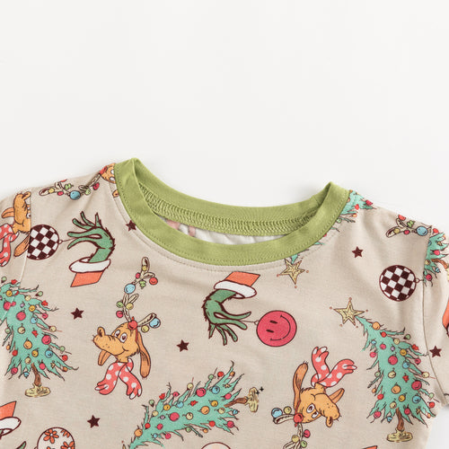 Christmas Prasinous Color Cute Cartoon Figure & Deer Kids Bamboo 2 Piece Pajama Set