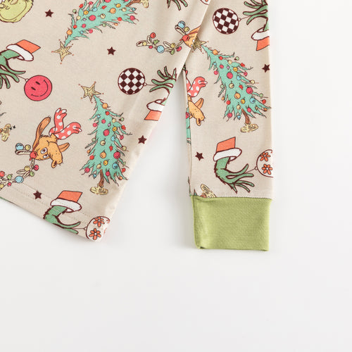 Christmas Prasinous Color Cute Cartoon Figure & Deer Kids Bamboo 2 Piece Pajama Set