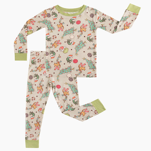Christmas Prasinous Color Cute Cartoon Figure & Deer Kids Bamboo 2 Piece Pajama Set
