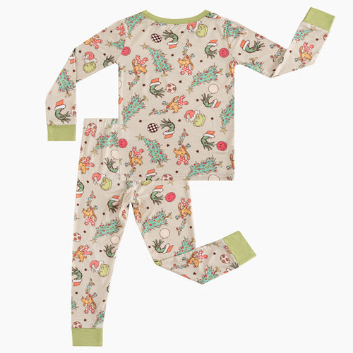 Christmas Prasinous Color Cute Cartoon Figure & Deer Kids Bamboo 2 Piece Pajama Set