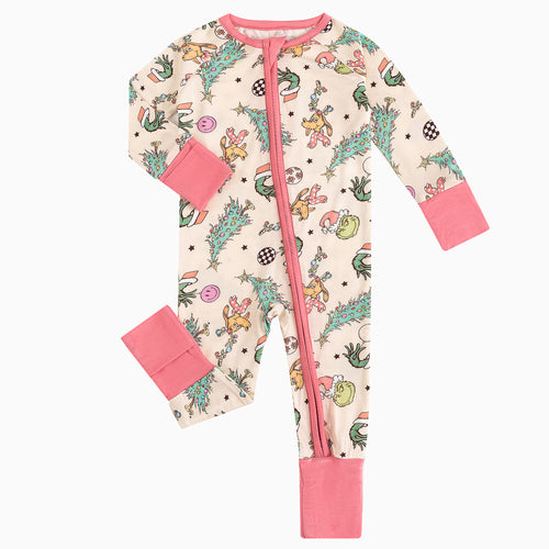Christmas Green Guy Deer Baby Bamboo Zipper Romper