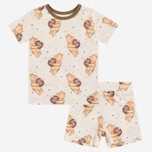 Cozy Beige Baby Bear Paw Print Bamboo Summer Pajama Shorts Set