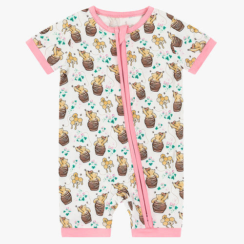 Cute Bear & Honey Pattern Bamboo Pajamas - Short Sleeve Romper