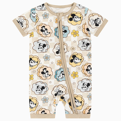 Cartoon Mouse Head Checkerboard Pattern Bamboo Baby Shortie Romper