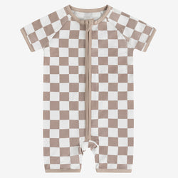 Newborn Baby Bamboo Light Grey Checkerboard Short Romper