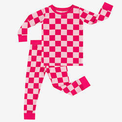 Toddler Bamboo Fiber Rose Red Checkerboard Long Sleeve Top + Pants Set